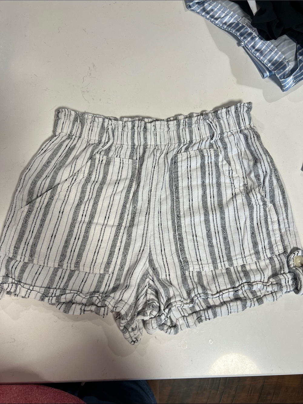 Striped White and Gray Women's Elastic Waist linen Shorts